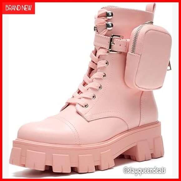 Shoes - Women's Combat Boots with Chunky Platform, Side Zipper & Lace-Up Design